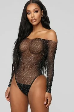 Fashion Nova Sexy Sleepwear Sparkle Bright Rhinestone Teddy - Black