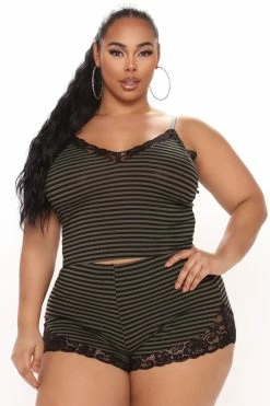 Fashion Nova Pajama Sets Cozy Stripes PJ Set - Olive