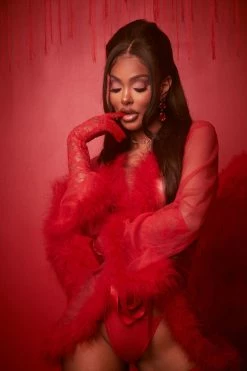 Fashion Nova Softest Touch Fluff Mesh Robe - Red