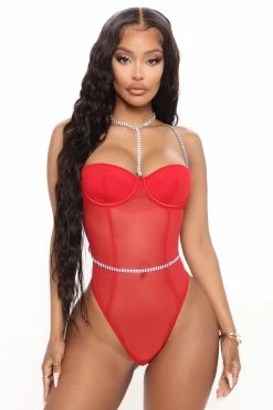 Fashion Nova Perfect Love Mesh Rhinestone Teddy - Red Sexy Sleepwear