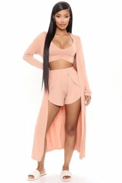 Fashion Nova Pajama Sets Lounge All Sunday 3 Piece PJ Set - Peach