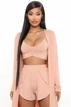 Fashion Nova Pajama Sets Lounge All Sunday 3 Piece PJ Set - Peach