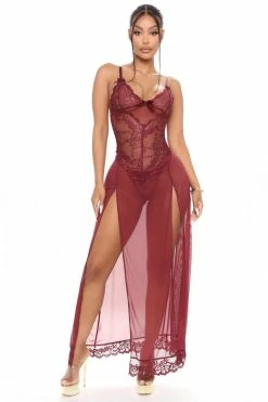 Fashion Nova Best You Ever Had Lace Sleep Gown - Burgundy