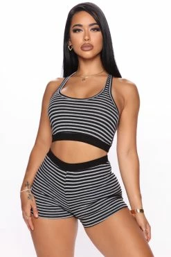 Fashion Nova Strictly Chilling 2 Piece Short Set - Grey/combo Pajama Sets