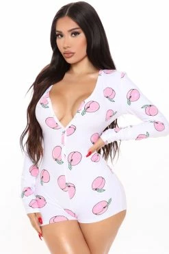 Fashion Nova Feeling Peachy PJ Romper Onesie - White/combo