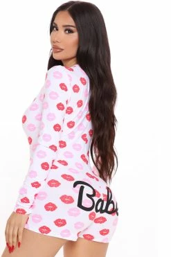 Fashion Nova Kiss Kiss PJ Romper Onesie - White/combo