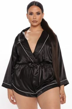 Fashion Nova Sunday Morning Satin Sleep Romper - Black