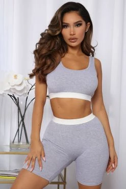 Fashion Nova Pajama Sets Staying The Night PJ Short Set - Heather Grey