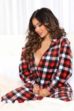 Fashion Nova Pajama Rompers & Jumpsuits Make It Rein Plush Jumpsuit Onesie - Red/combo