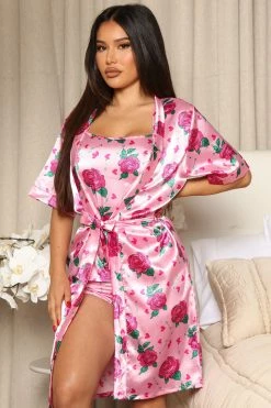 Fashion Nova Your Dream Girl Satin PJ Robe Set - Pink/combo Pajama Sets