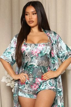 Fashion Nova Your Dream Girl Satin PJ Robe Set - Grey/combo Pajama Sets