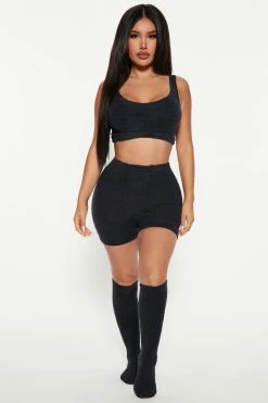 Fashion Nova Pajama Sets Sleepover With You Plush 3 Piece Set - Black