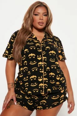Fashion Nova Pajama Sets Gleaming Pumpkins Halloween PJ Set - Black/Orange
