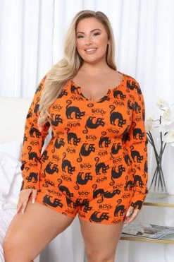 Fashion Nova Spooky Cat PJ Romper Onesie - Orange/combo Pajama Rompers & Jumpsuits