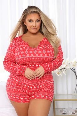 Fashion Nova Sleigh Bells Ring Sleep Romper - Red/combo Pajama Rompers & Jumpsuits