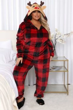 Fashion Nova Pajama Rompers & Jumpsuits Cabin Reindeer Plush PJ Jumpsuit Onesie - Red/Black