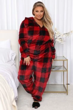 Fashion Nova Pajama Rompers & Jumpsuits Cabin Reindeer Plush PJ Jumpsuit Onesie - Red/Black