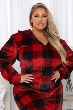 Fashion Nova Pajama Rompers & Jumpsuits Cabin Reindeer Plush PJ Jumpsuit Onesie - Red/Black