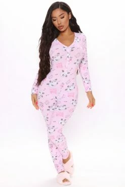 Fashion Nova Sleepy Panda PJ Jumpsuit Onesie - Pink