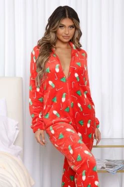 Fashion Nova Pajama Rompers & Jumpsuits Elf Cutie Plush PJ Jumpsuit Onesie - Red/combo