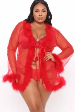 Fashion Nova Softest Touch Fluff Mesh Robe - Red