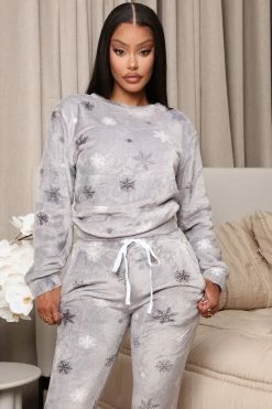 Fashion Nova Pajama Sets Comfy Mood PJ Plush Jogger Set - Grey/combo