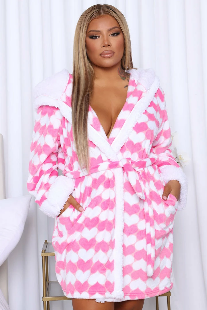Fashion Nova Give Me Your Heart Plush Robe - Pink/combo Robes & Sleep Shirts