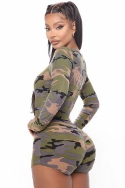 Fashion Nova Never Camo PJ Romper Onesie - Camouflage
