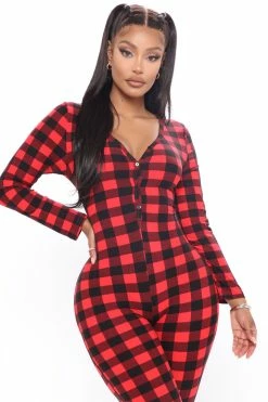 Fashion Nova Pajama Rompers & Jumpsuits Cabin Ready PJ Jumpsuit Onesie - Red/Black