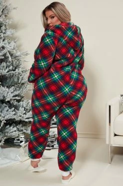 Fashion Nova Cuddle By The Fireplace PJ Plush Jumpsuit Onesie - Red/combo