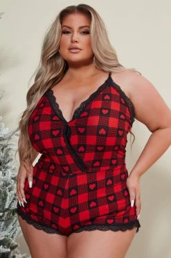 Fashion Nova Winter Hearts PJ Lace Trim Romper - Red/Black Pajama Rompers & Jumpsuits
