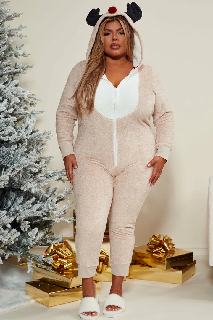 Fashion Nova Reindeer Vibes Holiday PJ Jumpsuit Onesie - Tan Pajama Rompers & Jumpsuits