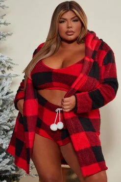 Fashion Nova Cabin Days Plush PJ Robe Set - Red/Black Pajama Sets