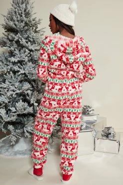 Fashion Nova Pajama Rompers & Jumpsuits Holiday Cuddles PJ Plush Jumpsuit Onesie - Red/combo