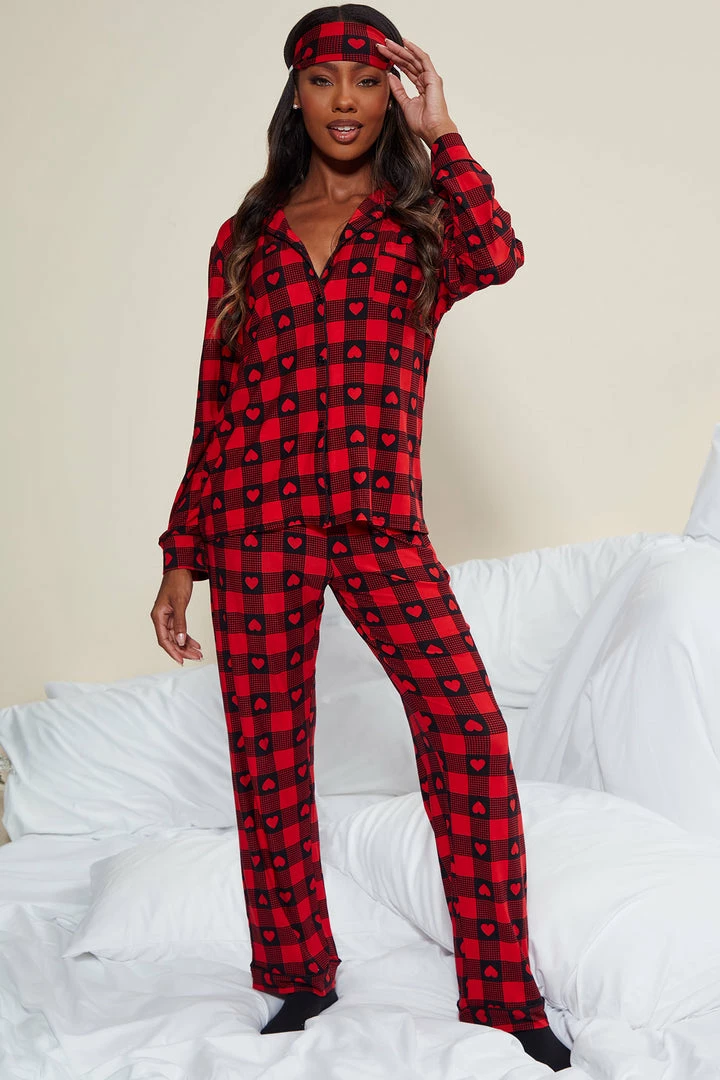 Fashion Nova Pajama Sets Winter Hearts PJ Pant Set - Red/Black