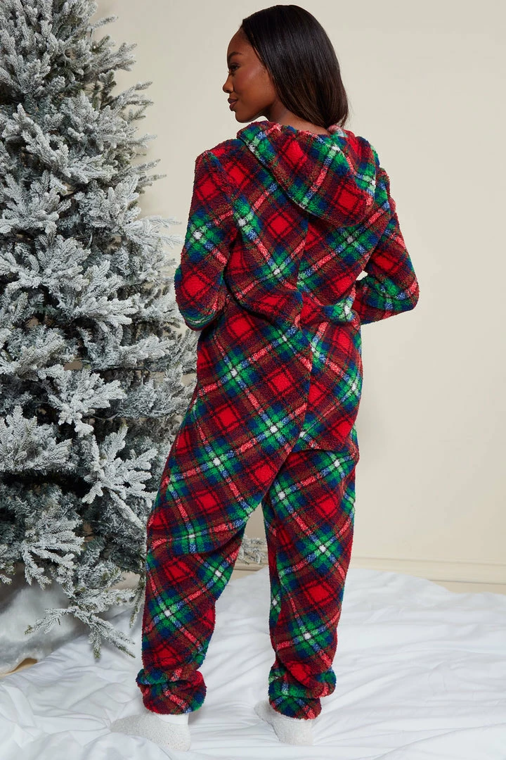 Fashion Nova Cuddle By The Fireplace PJ Plush Jumpsuit Onesie - Red/combo