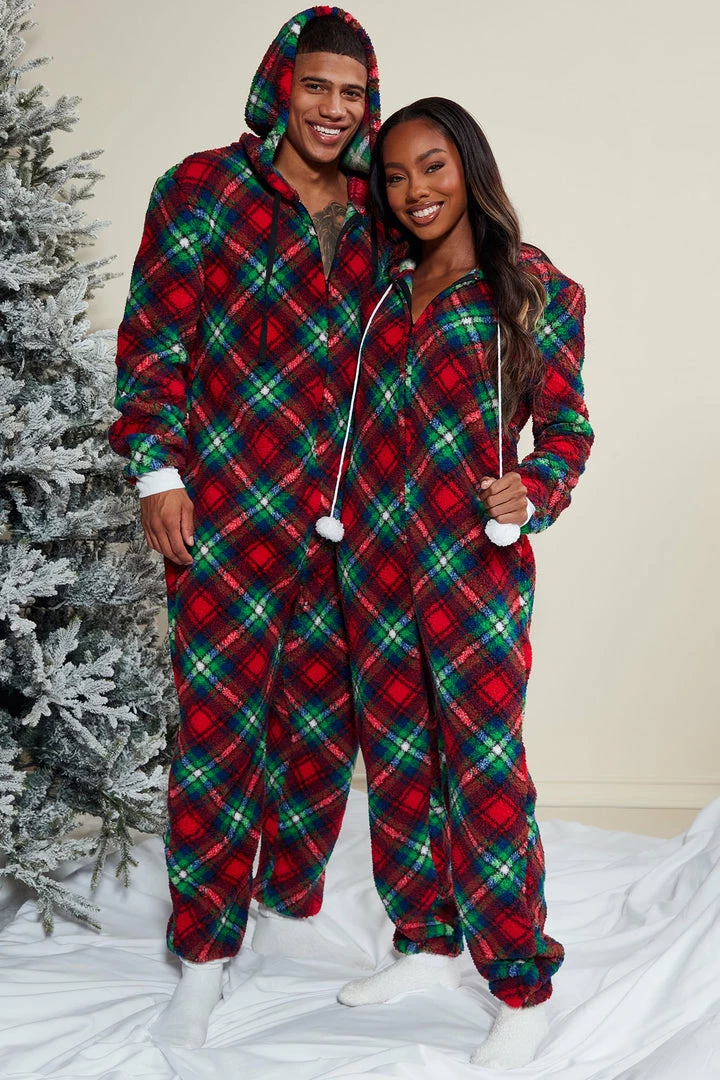 Fashion Nova Cuddle By The Fireplace PJ Plush Jumpsuit Onesie - Red/combo