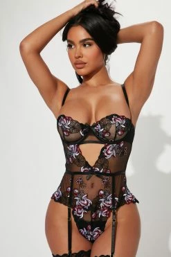 Fashion Nova Send Me Flowers Lace Garter Teddy - Black Sexy Sleepwear