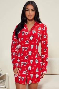Fashion Nova North Pole Teddy PJ Sleep Shirt - Red/combo