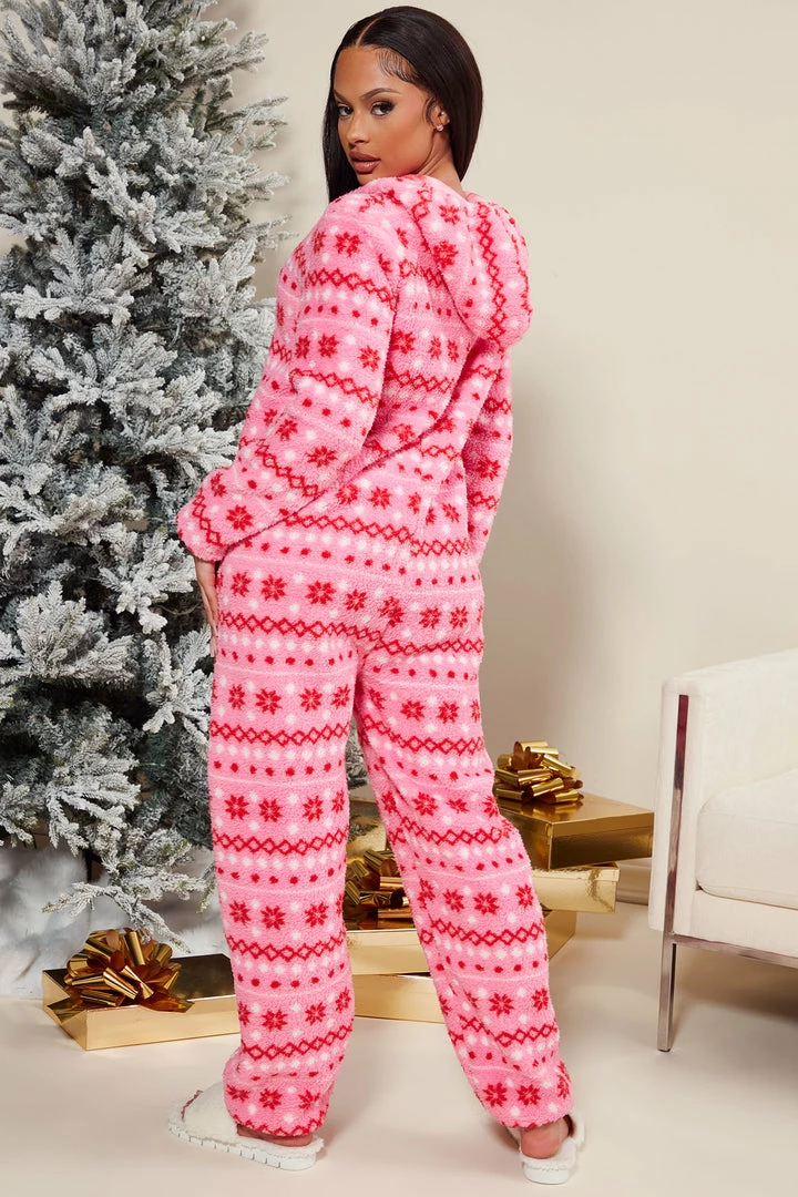Fashion Nova In The Holiday Spirt PJ Plush Jumpsuit Onesie - Pink/combo Pajama Rompers & Jumpsuits
