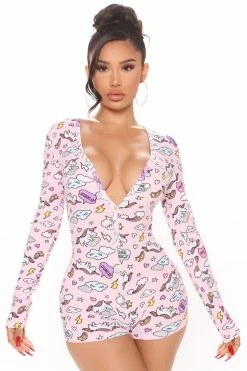 Fashion Nova Pajama Rompers & Jumpsuits Miss Unicorn PJ Long Sleeve Romper Onesie - Blush/combo