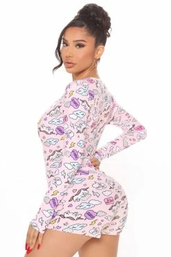 Fashion Nova Pajama Rompers & Jumpsuits Miss Unicorn PJ Long Sleeve Romper Onesie - Blush/combo
