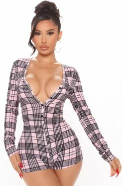 Fashion Nova Pajama Rompers & Jumpsuits Plaid The Game Long Sleeve Romper PJ Onesie - Pink/combo