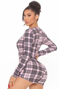 Fashion Nova Pajama Rompers & Jumpsuits Plaid The Game Long Sleeve Romper PJ Onesie - Pink/combo
