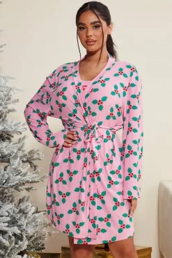 Fashion Nova Holiday Kissy Kiss PJ Robe Set - Pink/combo Pajama Sets