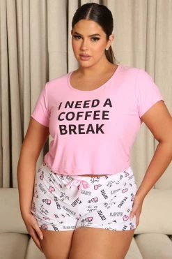 Fashion Nova Pajama Sets Need A Coffee Break PJ Short Set - Pink/combo