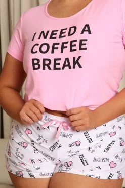 Fashion Nova Pajama Sets Need A Coffee Break PJ Short Set - Pink/combo