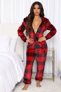 Fashion Nova Pajama Rompers & Jumpsuits Cabin Reindeer Plush PJ Jumpsuit Onesie - Red/Black