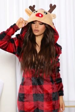 Fashion Nova Pajama Rompers & Jumpsuits Cabin Reindeer Plush PJ Jumpsuit Onesie - Red/Black