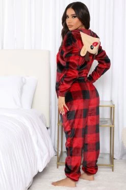 Fashion Nova Pajama Rompers & Jumpsuits Cabin Reindeer Plush PJ Jumpsuit Onesie - Red/Black